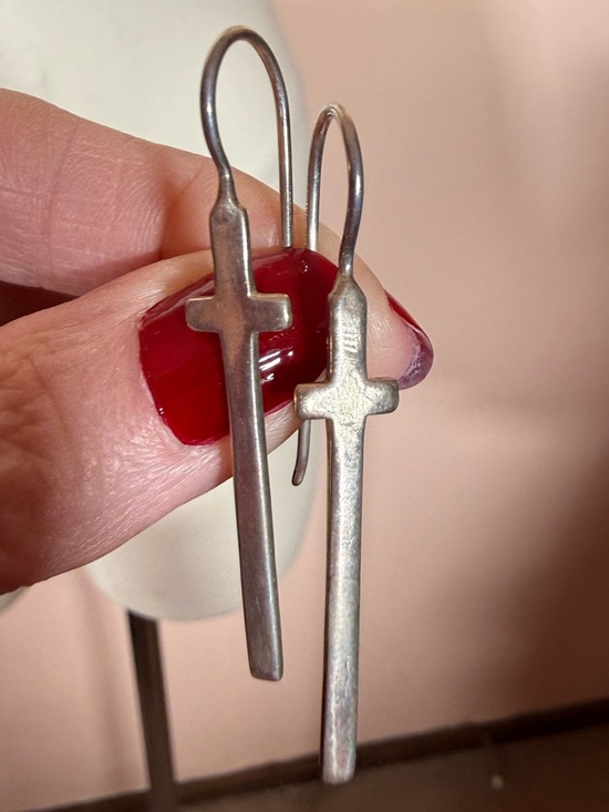 HOB Sterling Silver minimalist long narrow Southwestern Cross Earrings